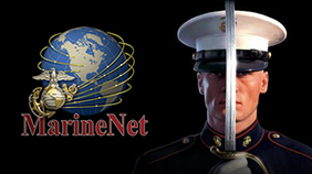 Marine in full dress with sword in front of his face standing next to Marine that logo