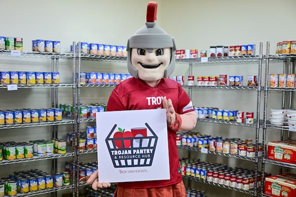 Our mascot T-ROY visit the Trojan Pantry