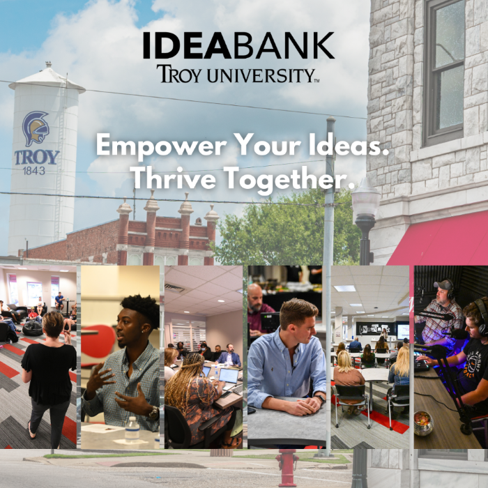 Empower Your Ideas. Thrive Together. Idea Bank logo over images of activities at the Idea Bank