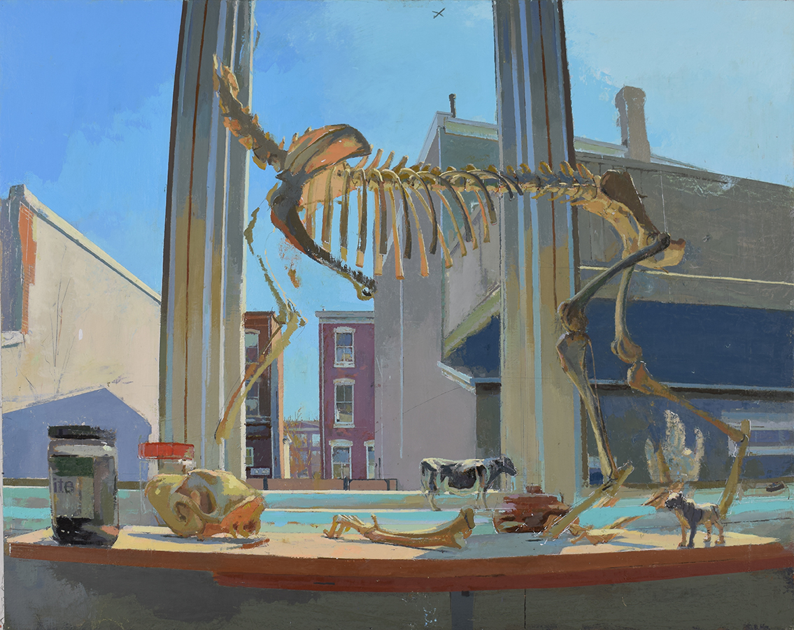 Painting of an animal skeleton sitting in front of a window. 