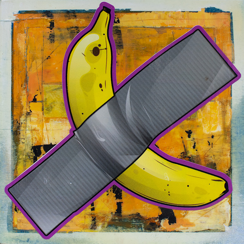 a textured grafitti like panel with a banana taped to the middle
