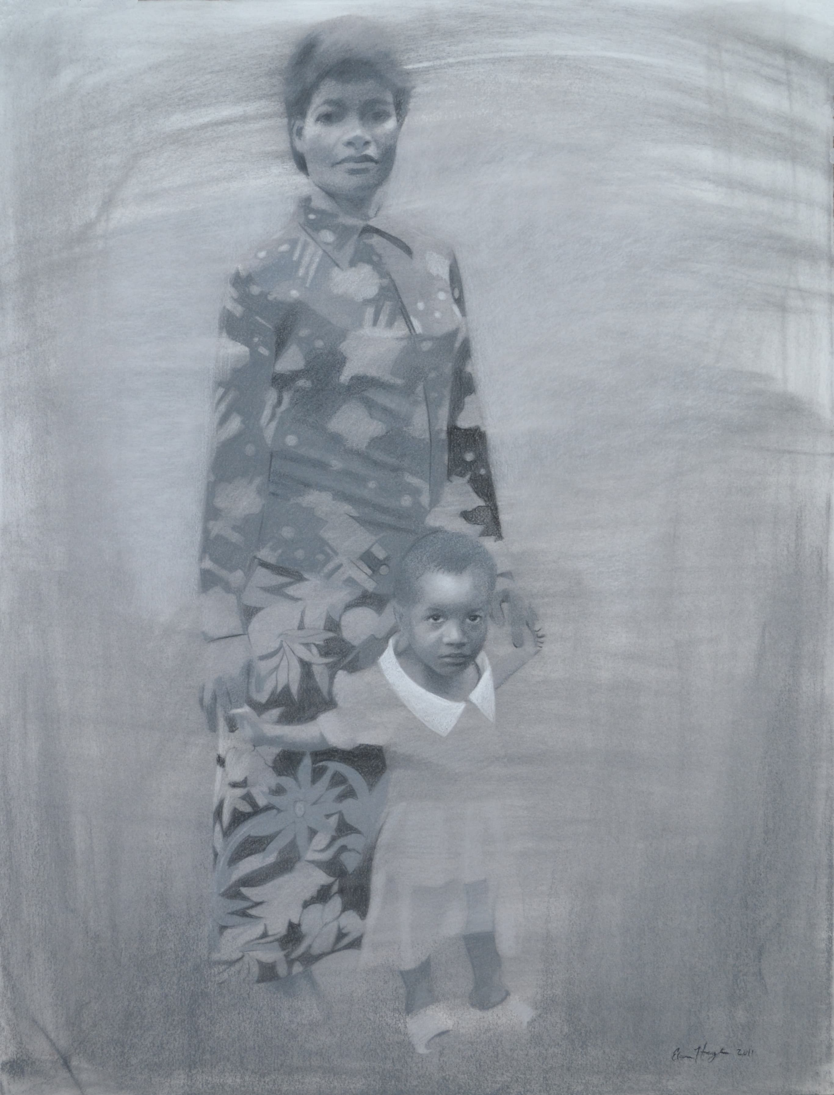A pencil portrait of a woman and child stand together, looking at the viewer.