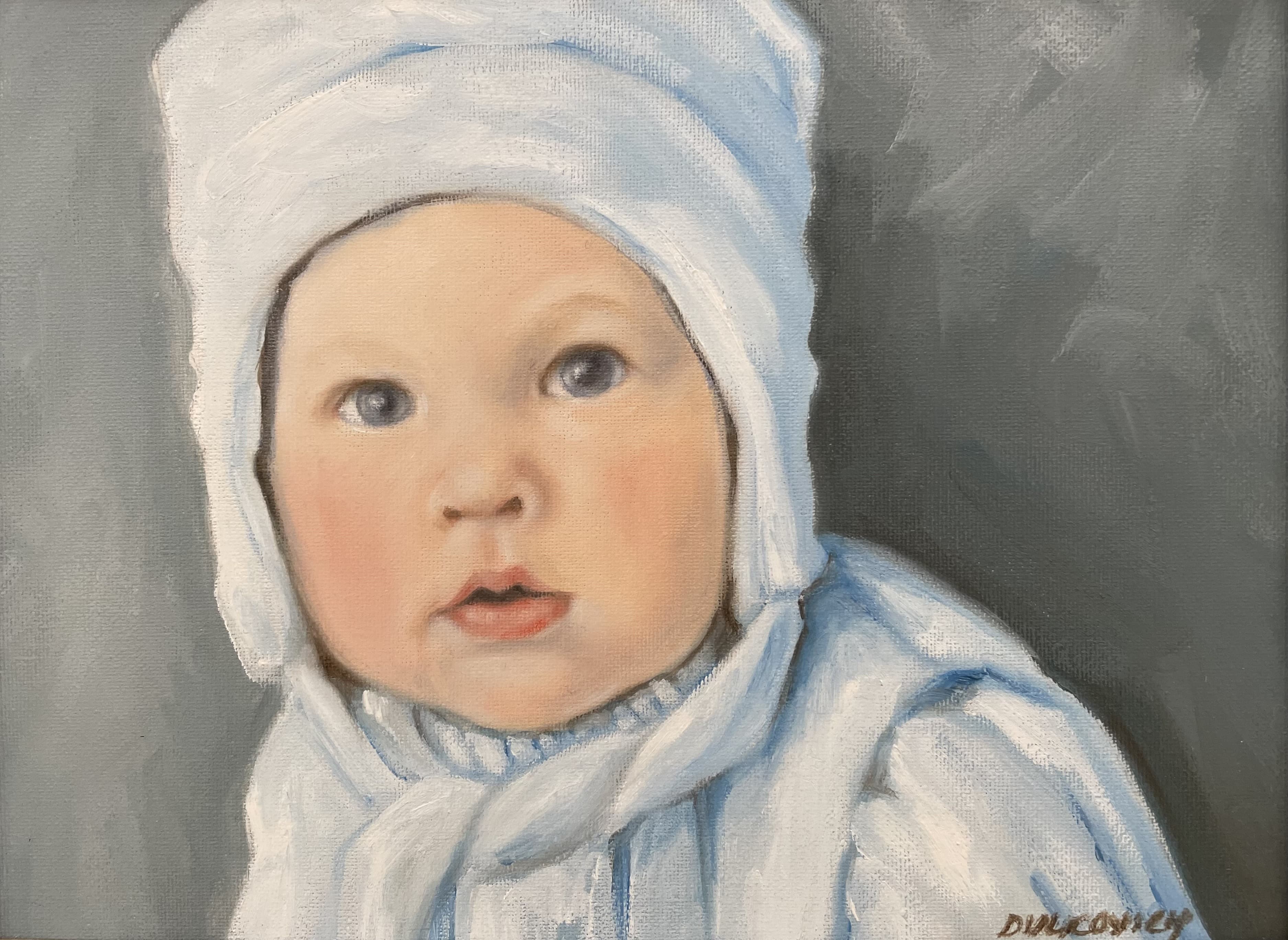 Close-up painting of a baby with a warm hat.