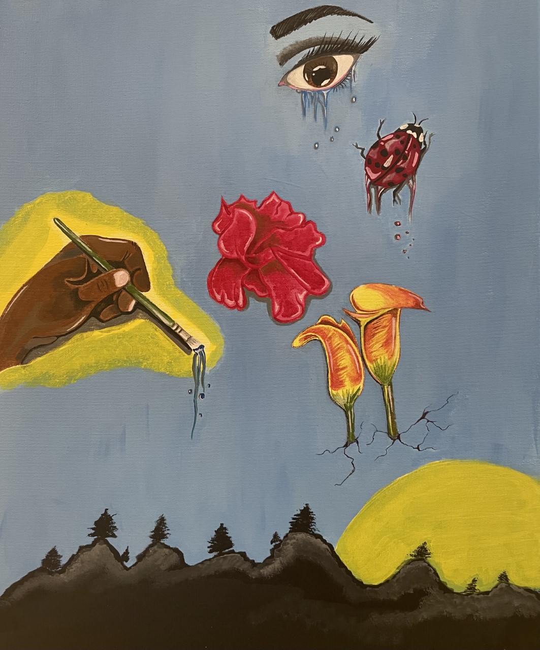 A fragmented composition with hovering images that point toward a symbolic means. Such as a hand holding a paintbrush, a pre-bloom flower, and a crying eye. 