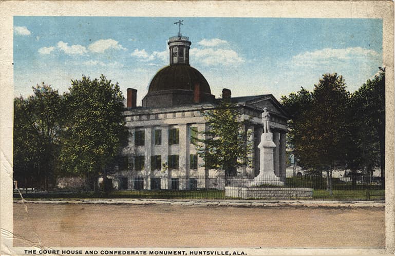 Color print of the three-story Madison County Courthouse in Huntsville, Alabama. Postmarked December 2, 1920.