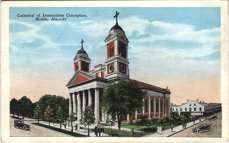 Color print of the Cathedral of Immaculate Conception in Mobile, Alabama.