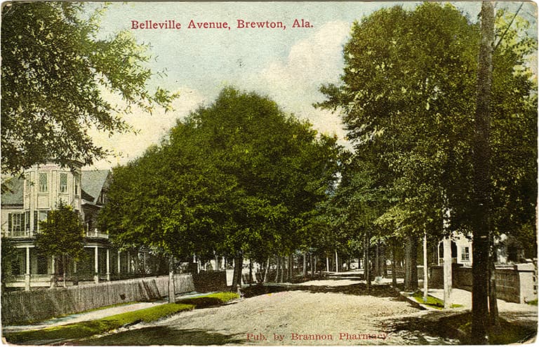 Colorized photograph of residential Belleville Avenue in Brewton, Alabama. Postmarked February 1, 1912.