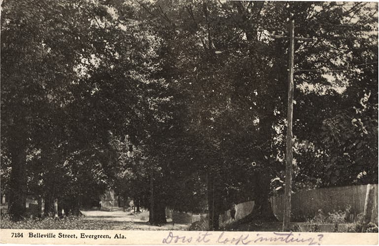 Black and white photograph of unpaved Belleville Street in Evergreen, Alabama. Postmarked March 12, 1912.
