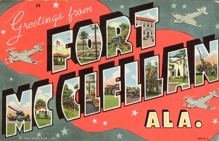 Color print of many sites around Fort McClellan in Anniston, Alabama. Postmarked December 6, 1945.