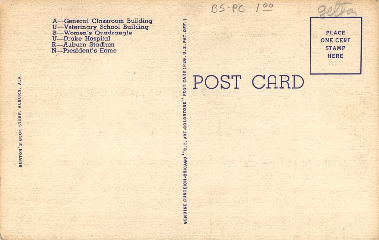Postcard Back - Greetings from Auburn, AL