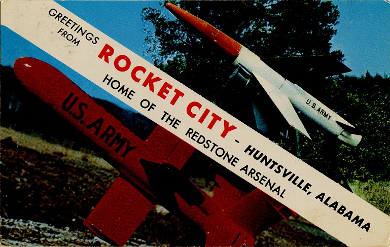 Color photograph of two rockets from the Redstone Arsenal in Huntsville, Alabama. Postmarked November 10, 1950.