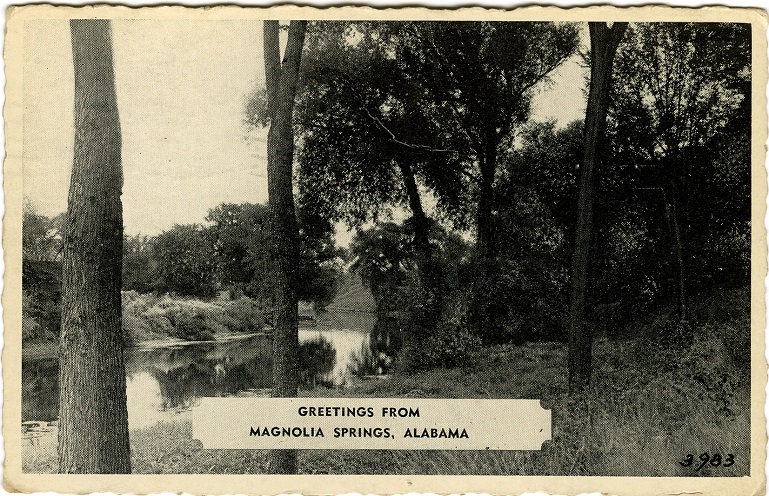 Black and white photograph of the Magnolia River in Magnolia Springs, Alabama. Postmarked June 19, 1941.