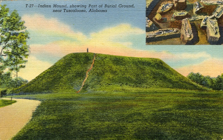 Color print of an Indian mound in Moundville, Alabama. Postmarked March 2, 1944.
