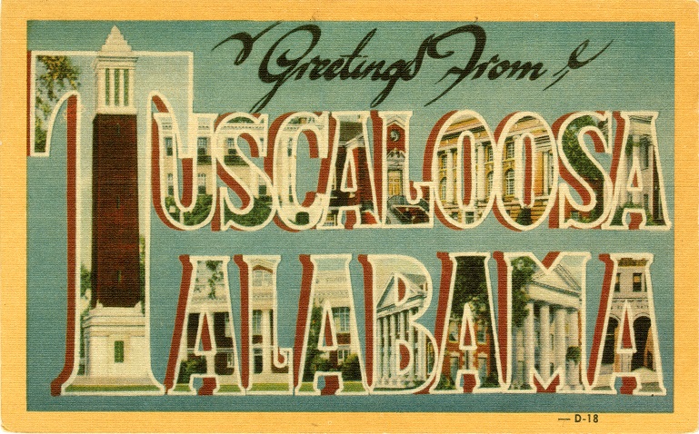 Color print of many buildings on the University of Alabama campus in Tuscaloosa, Alabama.
