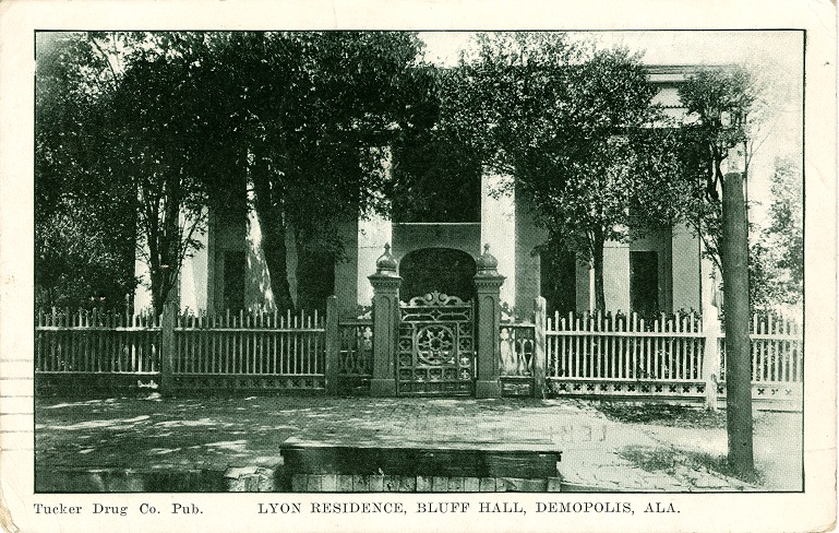 Black and white photograph of two-story Bluff Hall, a historic mansion in Demopolis, Alabama. Postmarked March 30, 1908.