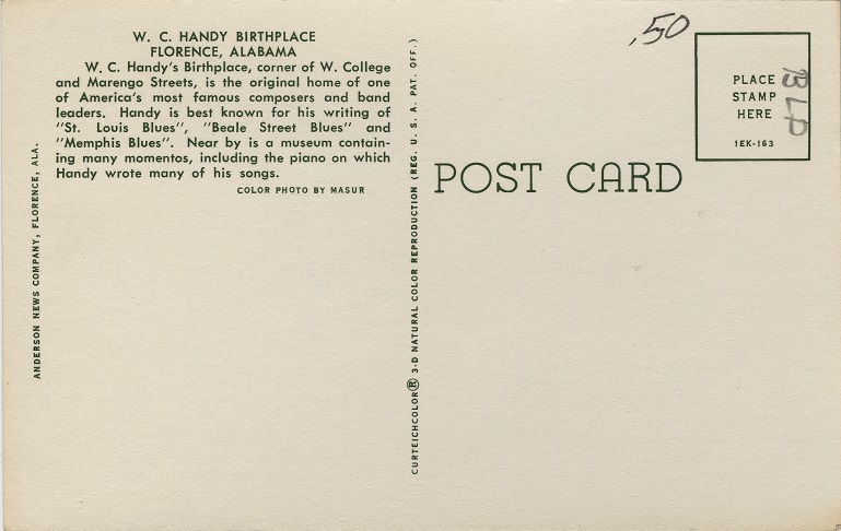 Postcard Back - W.C. Handy's Birthplace, Florence