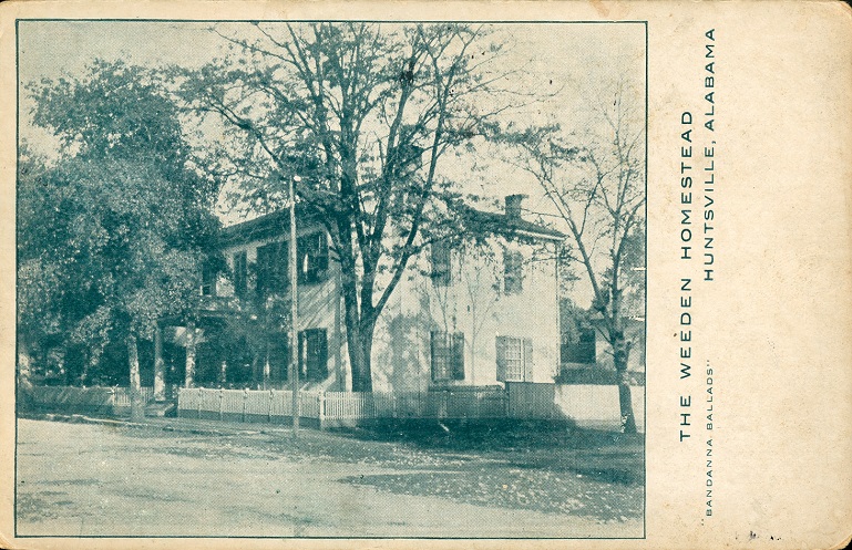 Black and white photograph of two-story Weeden house in Huntsville, Alabama. Postmarked January 28, 1907.