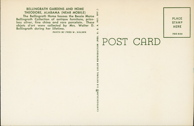 Postcard Back - Bellingrath Gardens and Home, Theodore