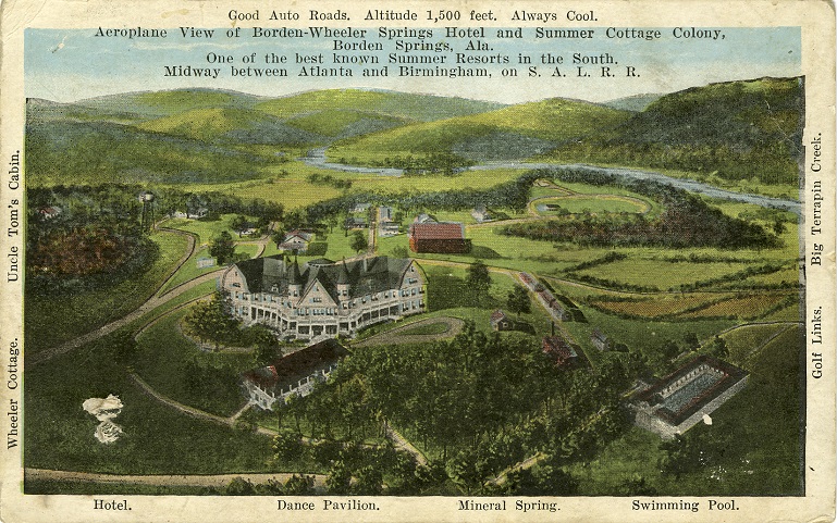 Color print of the multi-story Borden-Wheeler Springs Hotel and other buildings located near Borden Springs, Alabama. Postmarked August [illegible] 1928.