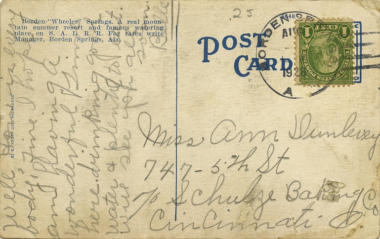 Postcard Back - Borden-Wheeler Springs Hotel, Borden Springs