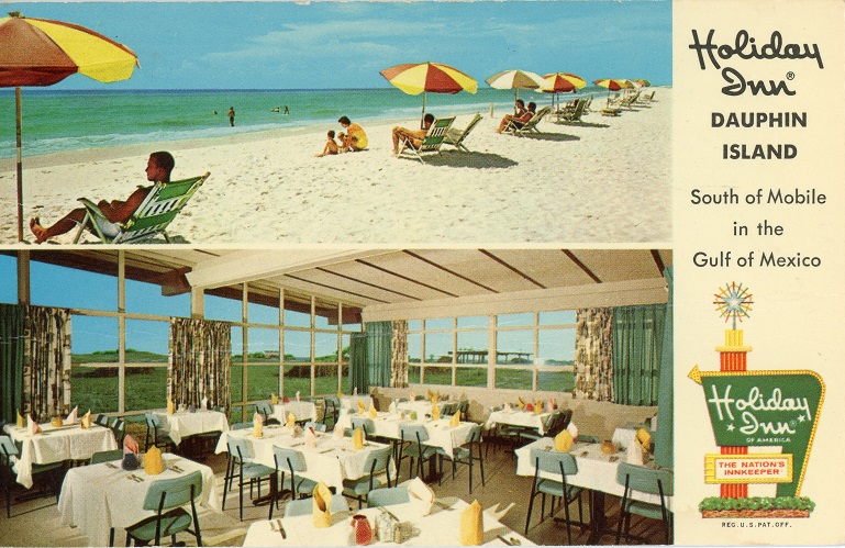 Color photographs of the beach and the dining room of the Holiday Inn in Dauphin Island, Alabama. Postmarked May 11, 1964.