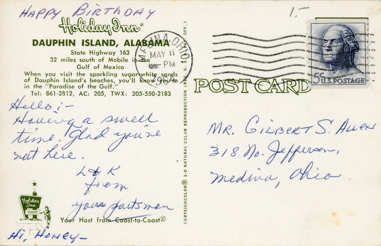Postcard Back - Holiday Inn, Dauphin Island