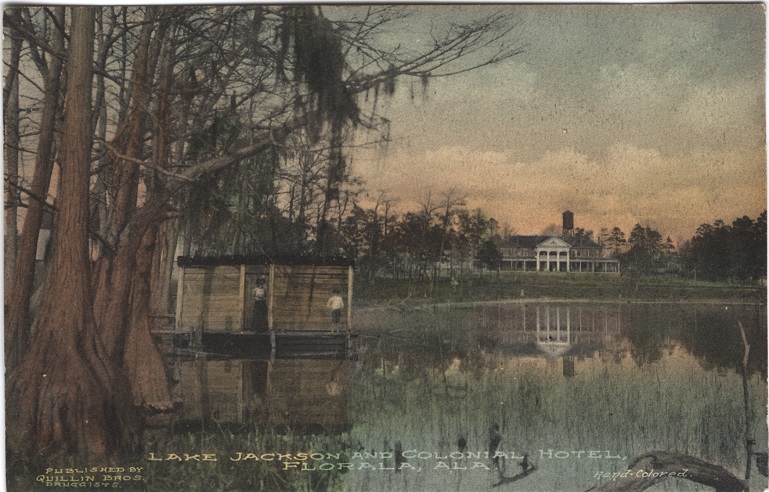 Color print of Lake Jackson and the two-story Colonial Hotel in Florala, Alabama.