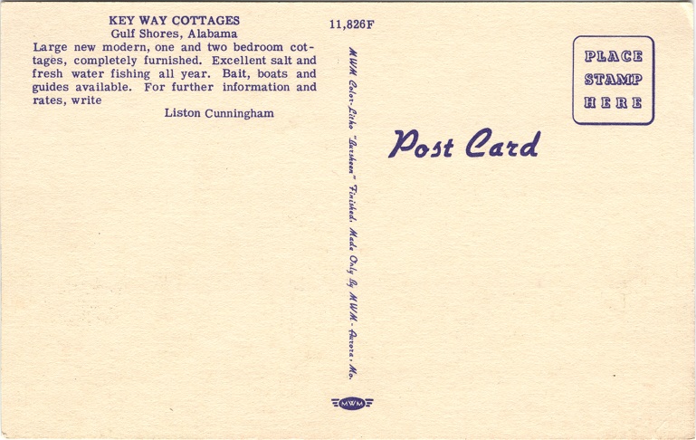 Postcard Back - Key Way Cottages, Gulf Shores