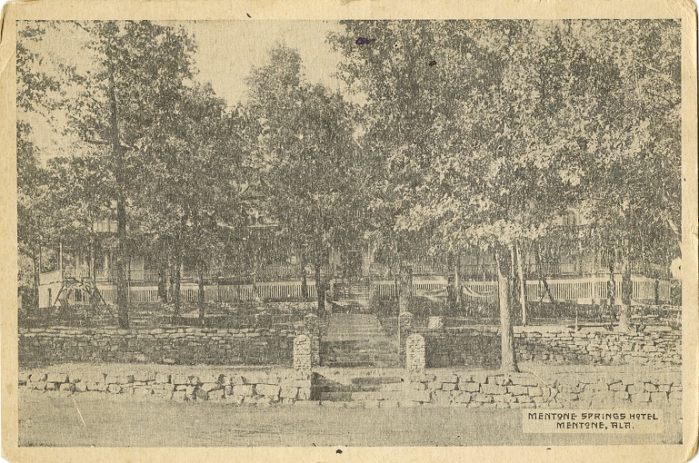 Black and white print of the Mentone Springs Hotel in Mentone, Alabama. Postmarked August 1, 1930.