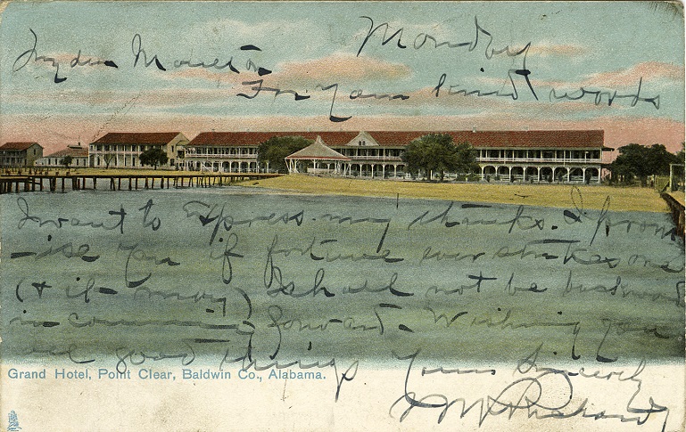 Color print of the Grand Hotel in Point Clear, Alabama. Postmarked August 25, 1908.