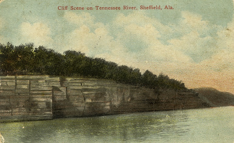 Color print of a cliff scene on the Tennessee River near Sheffield, Alabama. Postmarked August. 26, 1912.