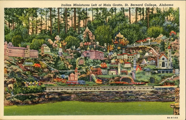 Color print of miniature structures at the Ava Maria Grotto near Cullman, Alabama. Postmarked September 4, 1955.