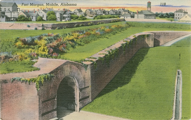 Color print of remnants of Fort Morgan located near Gulf Shores, Alabama. Postmarked July 6, 1943.