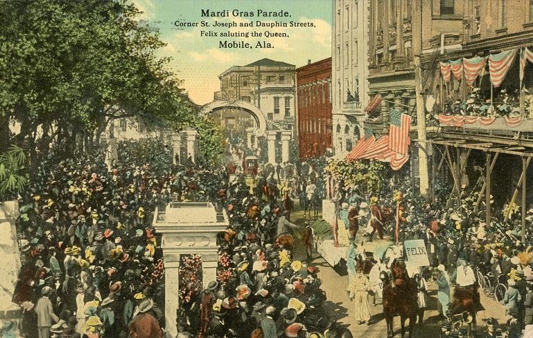 Color photograph of a Mardi Gras Parade in Mobile, Alabama. Postmarked August 6, 1913.