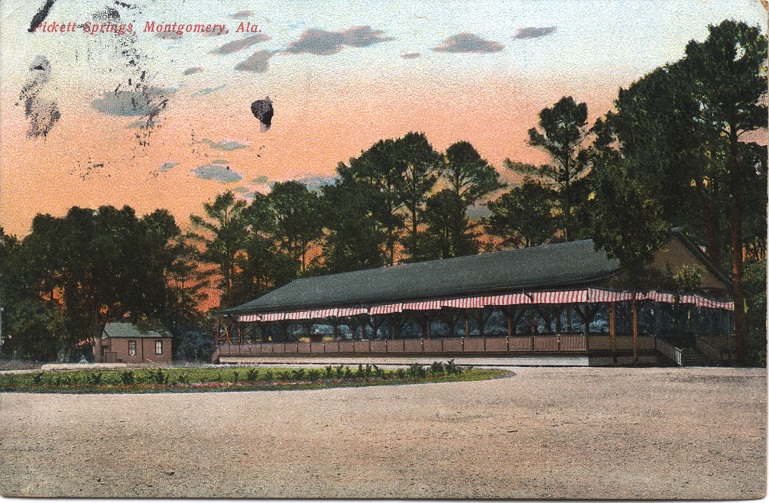 Color print of the pavilion at Pickett Springs located near Montgomery, Alabama. Postmarked April 1, 1909.