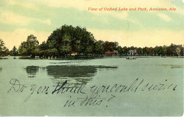 Color print of Oxford Lake and Park in Oxford, Alabama. Postmarked September 2, 1915.
