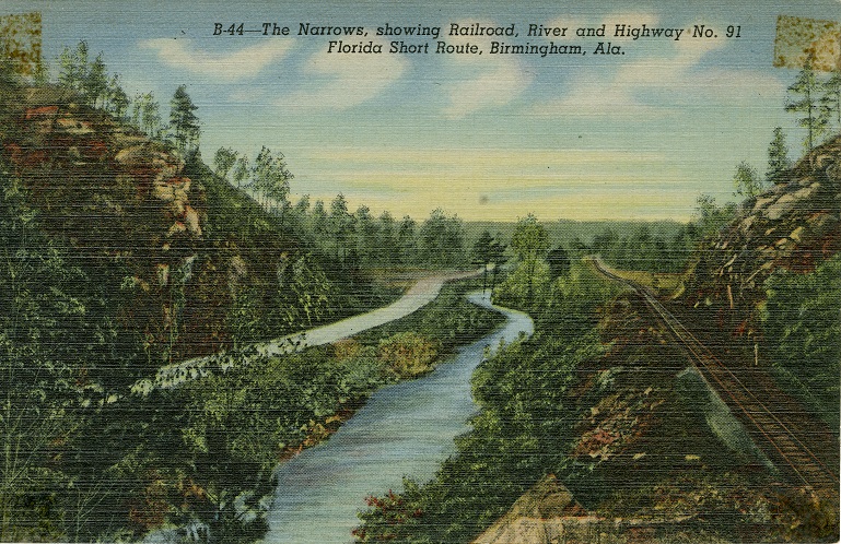 Color print showing a railroad, a river and a highway located near Birmingham, Alabama.