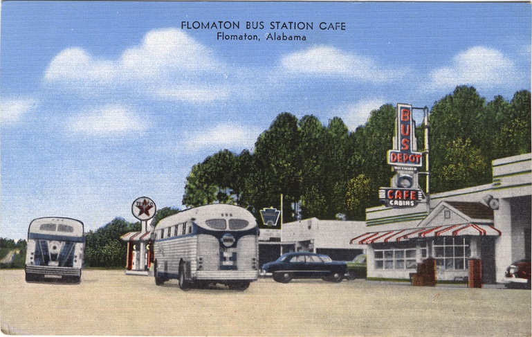 Color print of a bus depot, café, gas station and buses in Flomaton, Alabama.