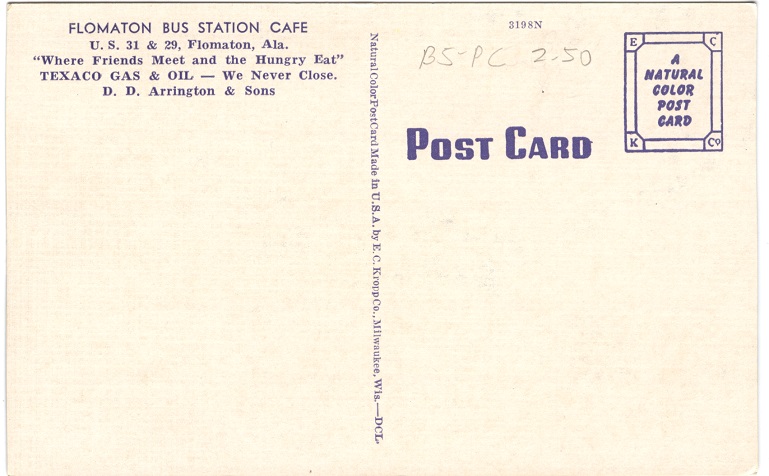 Postcard Back - Flomaton Bus Station Cafe, Flomaton