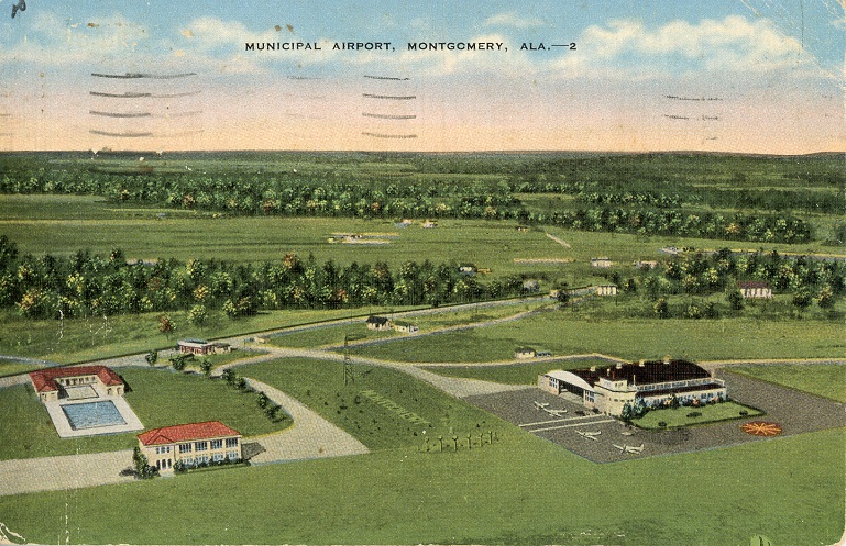 Color print air view of the Montgomery, Alabama municipal airport. Postmarked July 12, 1940.