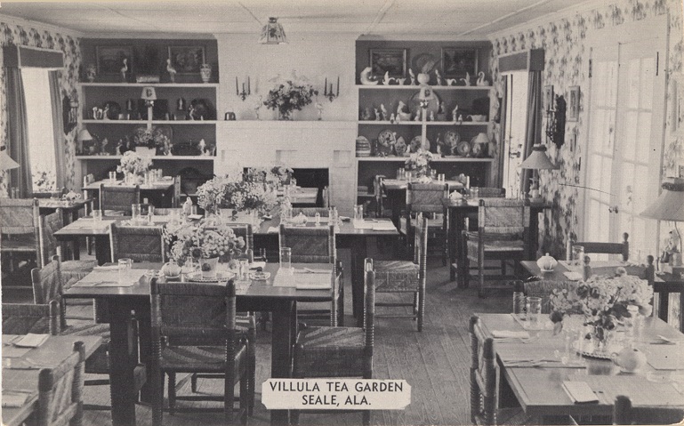 Black and white photograph of the Villula Tea Garden restaurant in Seale, Alabama.
