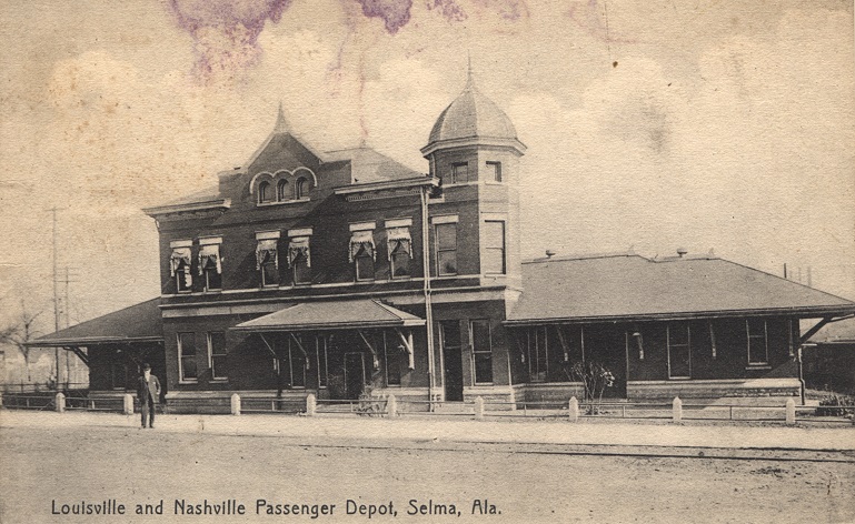 Black and white photograph of the two-story Louisville and Nashville Passenger Depot in Selma, Alabama. Postmarked July 30, 1910.
