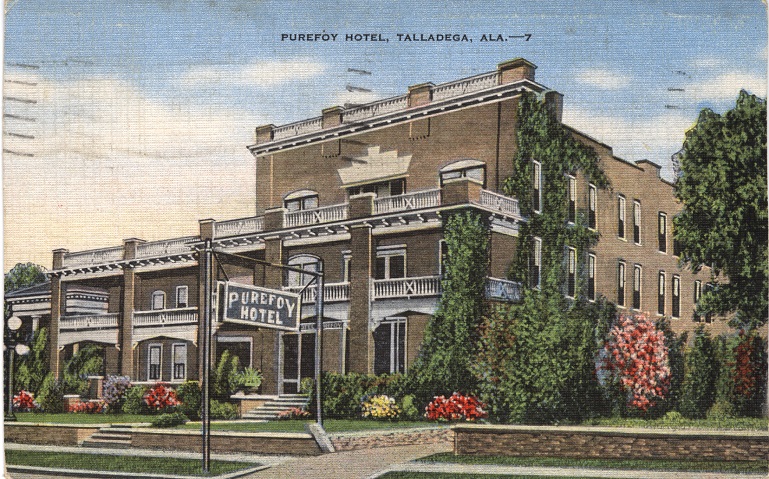 Color print of the three-story Purefoy Hotel in Talladega, Alabama. Postmarked June 8, 1949.