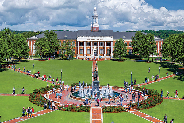 Troy Campus quad showing John Robert Lewis Hall and the Trojan statue fountain