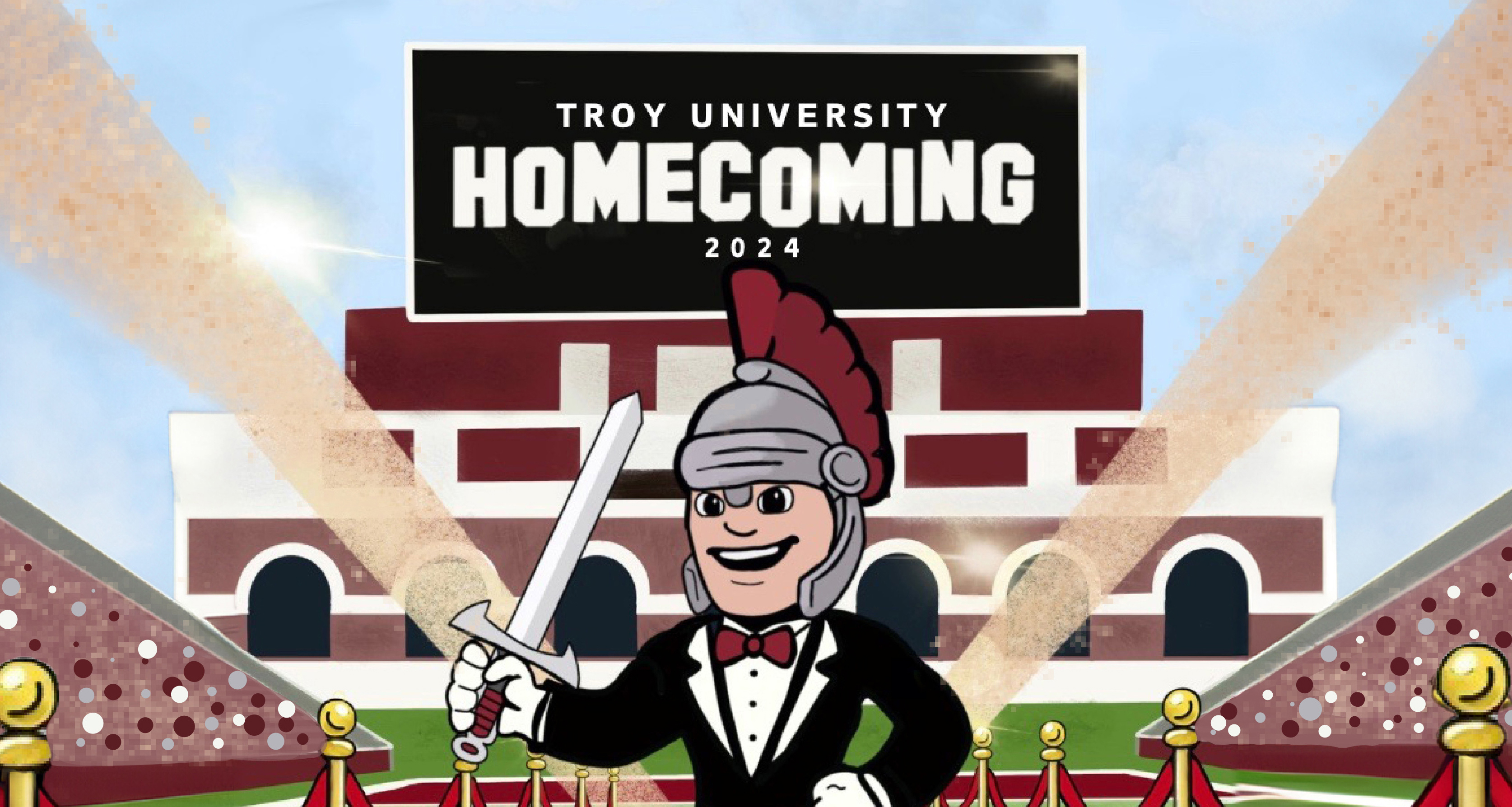 Illustration of T-roy infront of the Veterans Memorial Stadium