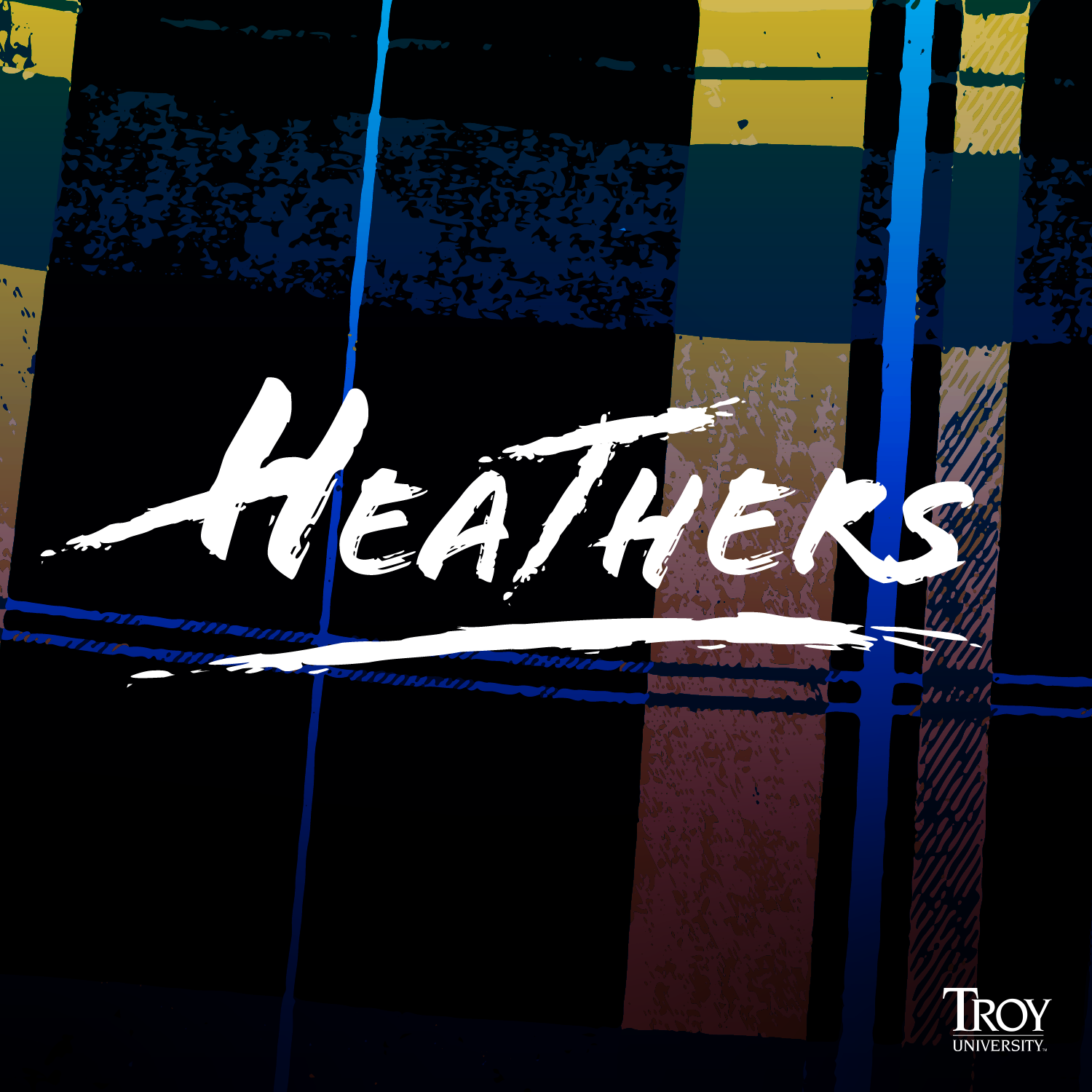A colorful plaid background with HEATHERS title