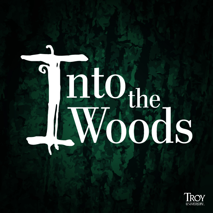 Shadowy green background with Into the Woods title