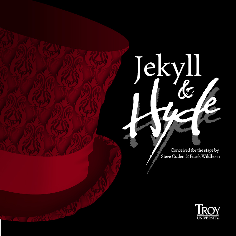 A crimson damask top hat and the title Jekyll and Hyde