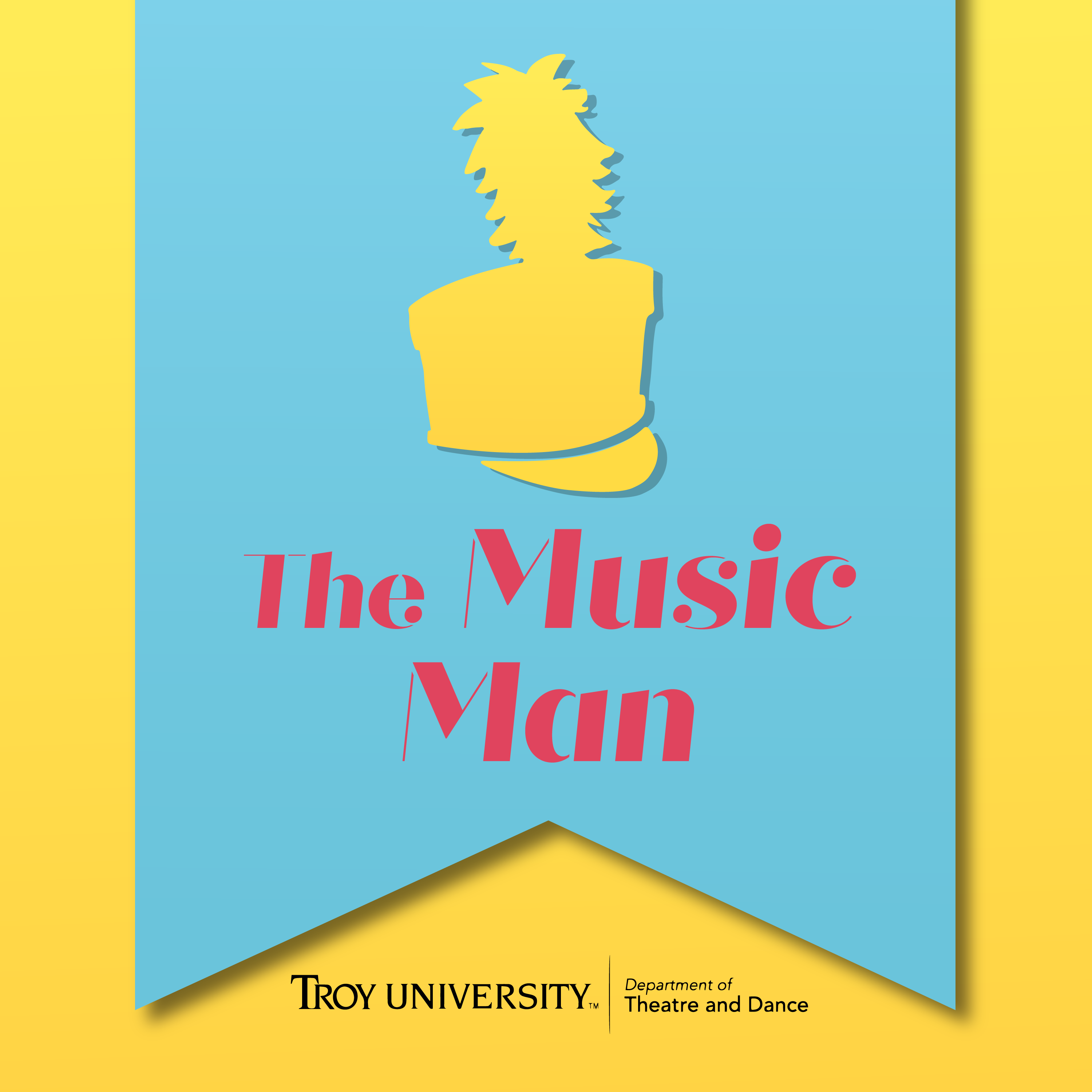 A yellow, blue, and red tile featuring a banner for The Music Man production