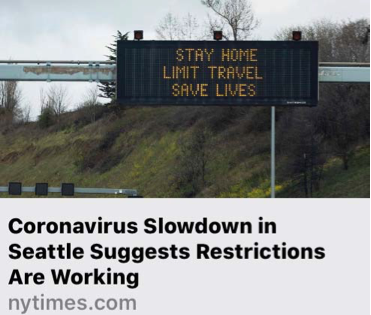 Screenshot of New York Times web post with headline "Coronavirue Slowdown in Seattle Suggests Restrictions Are Working"